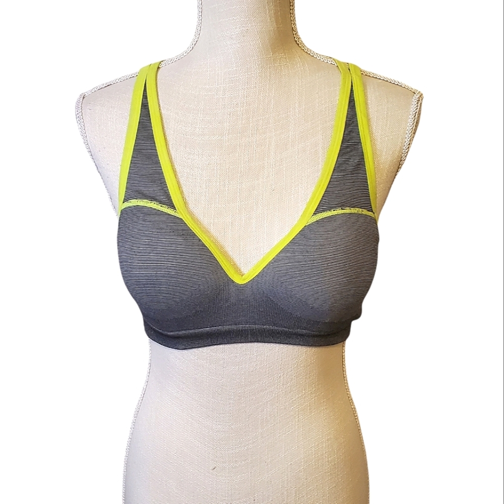 PINK VS | Women's gray striped with neon green trim padded sports bra. Size M.